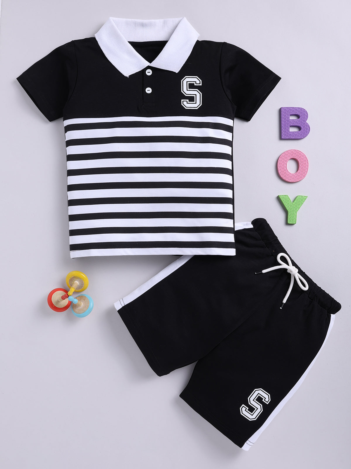 Boys Casual T-shirt Shorts  (BLACK)
