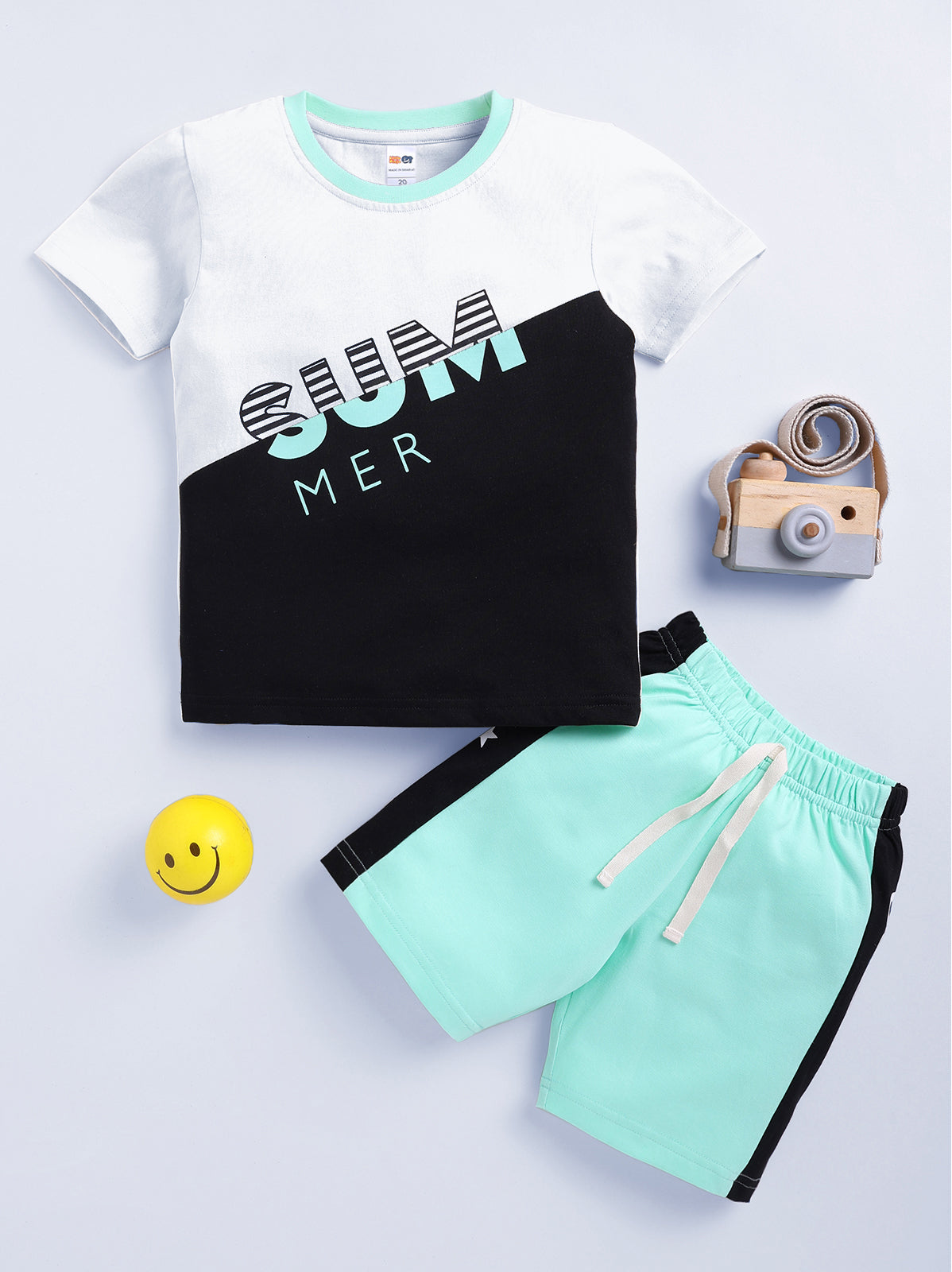 Boys Casual T-shirt Shorts  (WIHTE SEA GREEN)